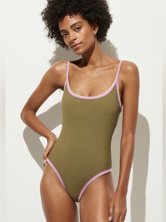 J. Crew Other - J.Crew Crochet Trim Scoopback One Piece Swimsuit Olive Purple NWT Size 6